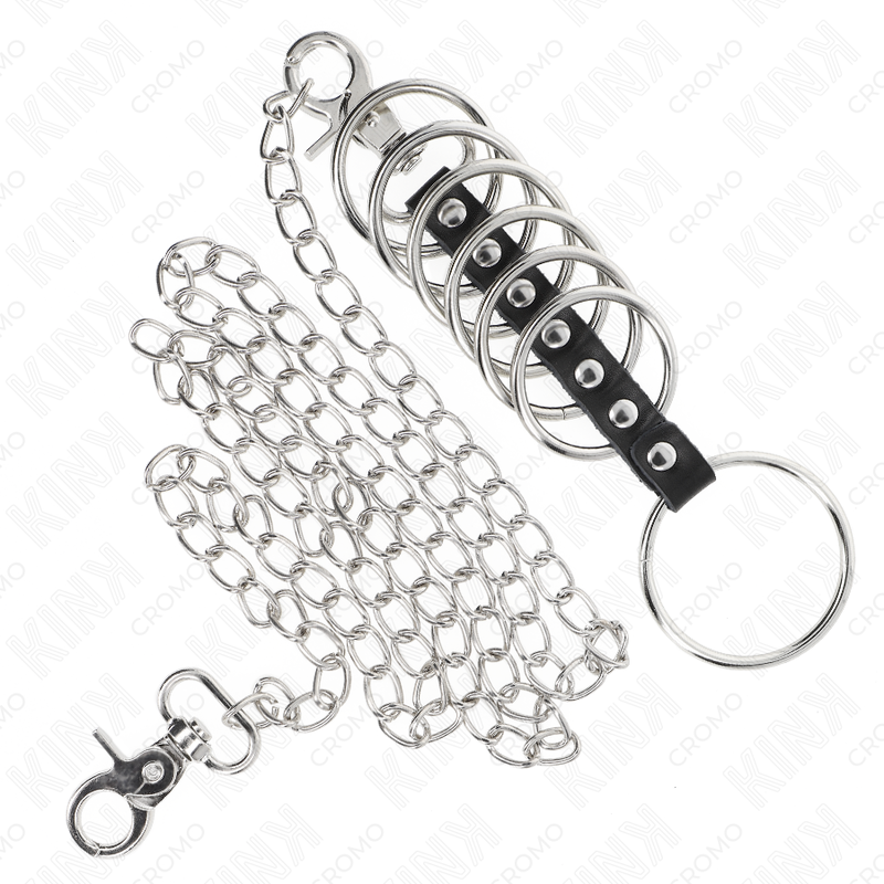 KINK - 7 metal penis rings, 3.8 cm to 5 cm, connected with leather and a 100 cm metal chain