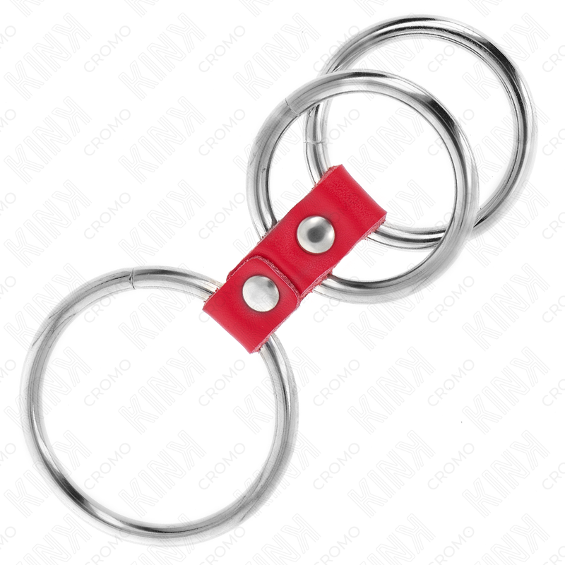 KINK - TRIPLE METAL PENIS RING 3.7 CM TO 5 CM COMBINED WITH RED LEATHER