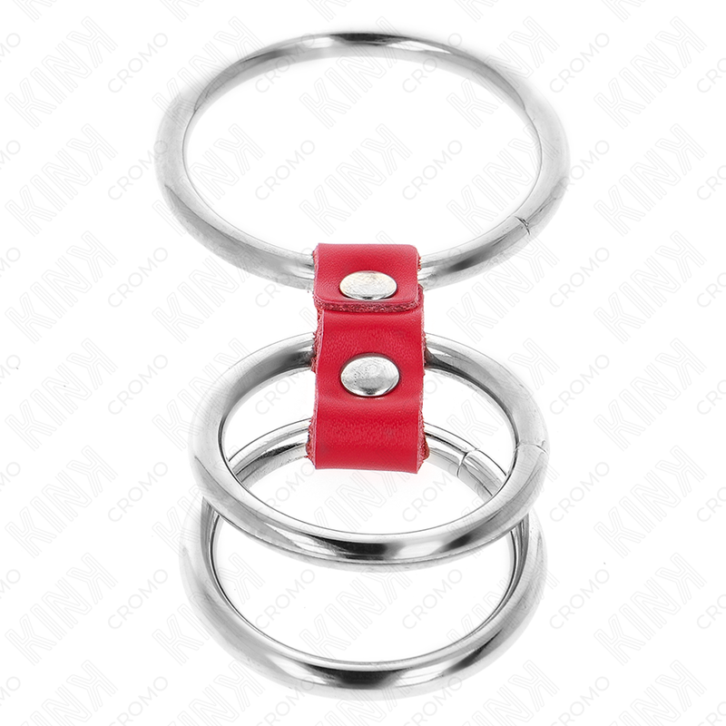 KINK - TRIPLE METAL PENIS RING 3.7 CM TO 5 CM COMBINED WITH RED LEATHER
