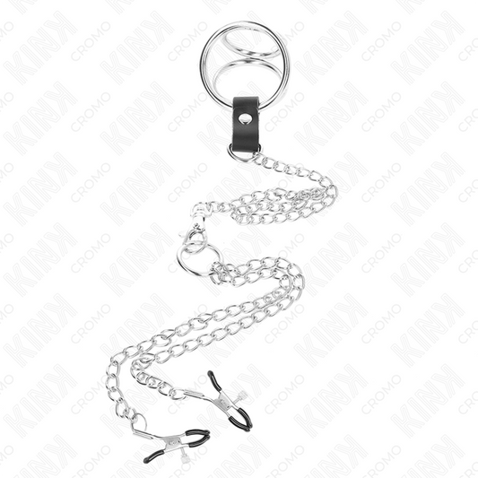 KINK - TRIPLE CHROME METAL PENIS RING 3.8 CM TO 5 CM WITH 26 CM METAL CHAIN ​​AND NIPPLE CLAMPS MODEL 1