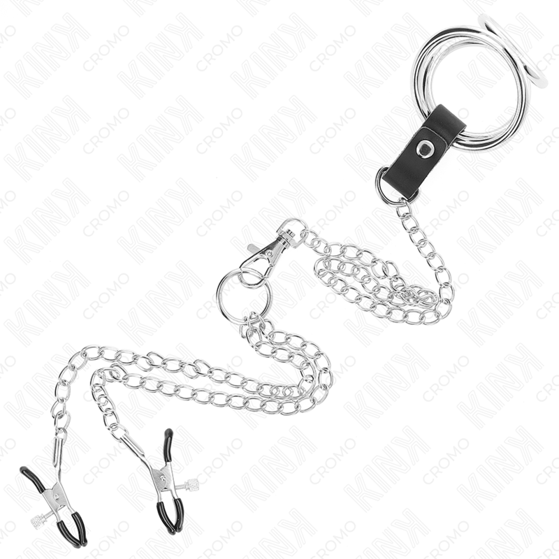KINK - TRIPLE CHROME METAL PENIS RING 3.8 CM TO 5 CM WITH 26 CM METAL CHAIN ​​AND NIPPLE CLAMPS MODEL 1