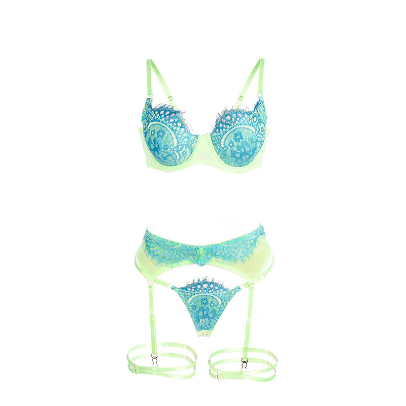 SUBBLIME - 955328 Lace Bra and Garter Set Green and Blue L/XL
