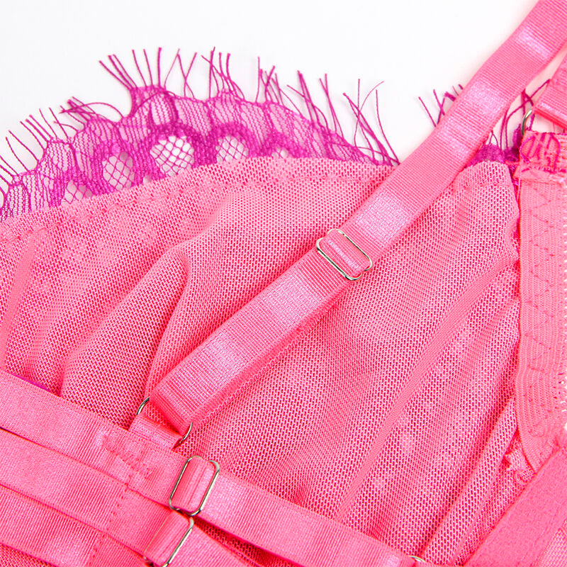 SUBBLIME - 955366 Bra Set with Lace and Garter Belt Pink and Purple L/XL