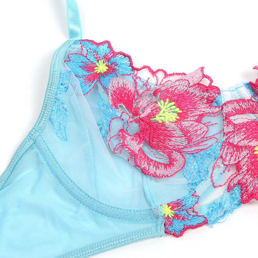 SUBBLIME - 957650 Bra and Stocking Belt Set with Floral Embroidery Pink L/XL