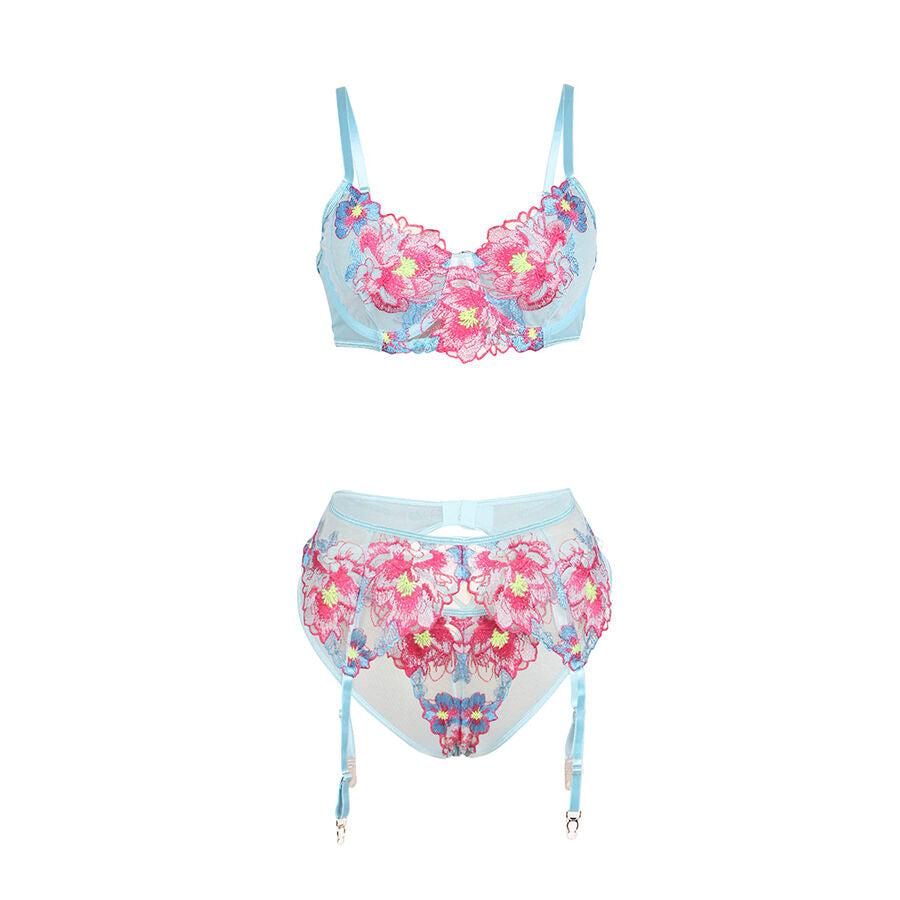 SUBBLIME - 957650 Bra and Stocking Belt Set with Floral Embroidery Pink L/XL