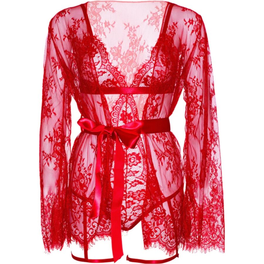 LEG AVENUE - 86123 TEDDY AND GARTER BATHROBE SET, RED, SIZE M