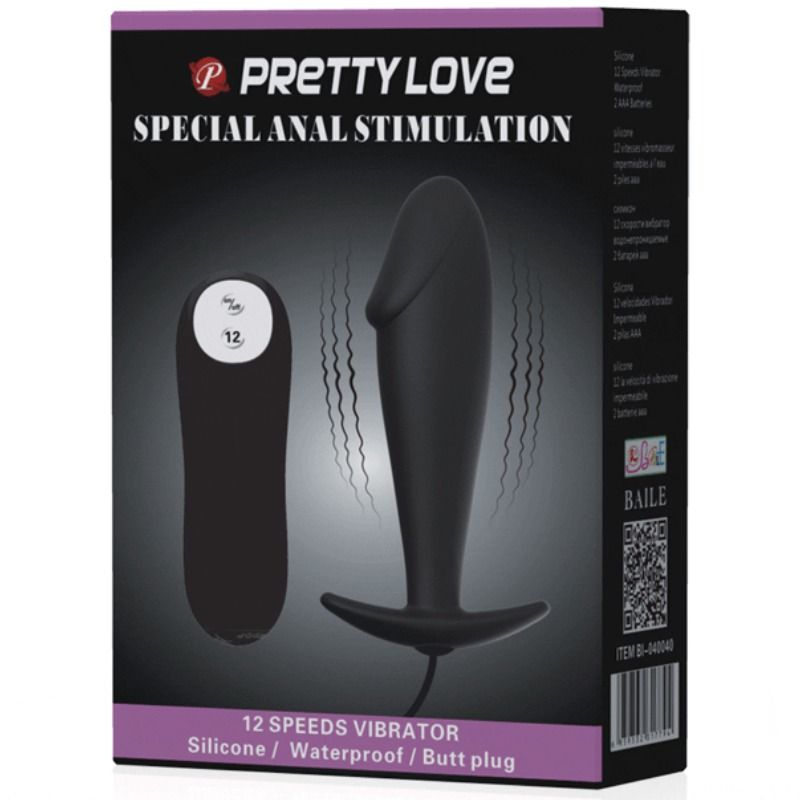 PRETTY LOVE - SILICONE ANAL PLUG PENIS SHAPE AND 12 VIBRATION MODES BLACK